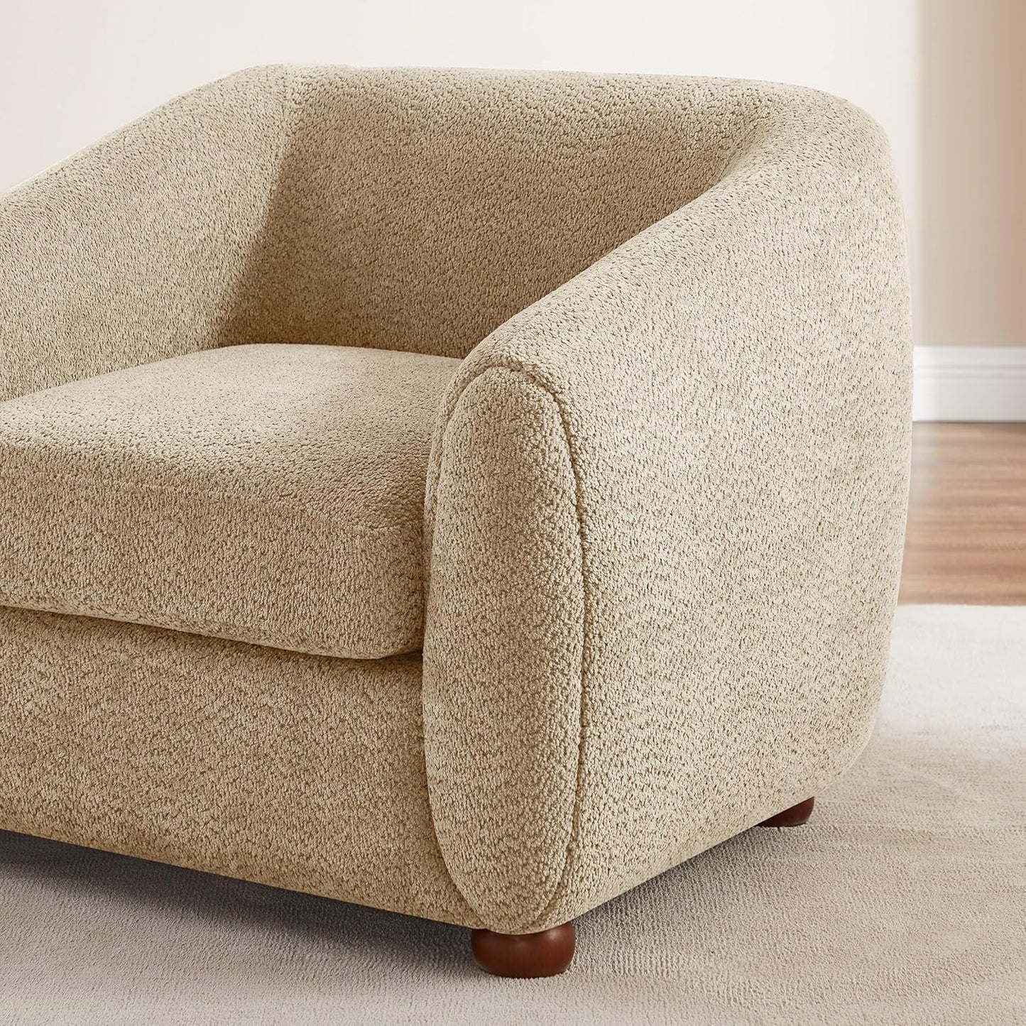 Modern Accent Chair for Living Room, Upholstered Armchair with Linen Fabric, Single Sofa Chair with Solid Wood Legs, Boucle, Camel