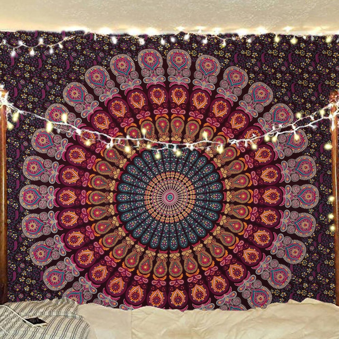 Bless International Handmade Indian hippie Bohemian Psychedelic Peacock Mandala Wall hanging College Dorm Beach Throws Table Cloth Bedding Tapestry (Golden Pink Blue, Queen(84x90Inches)(215x230Cms))
