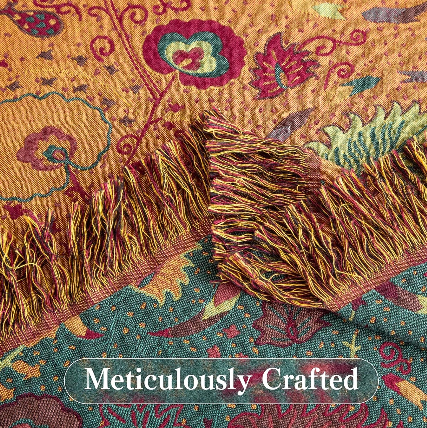 Boho Throw Blanket Queen Size, Oversized Soft Cozy Cotton Muslin Quilt Blanket for Bed Decor, Floral Patterned Couch Sofa Chair Cover, Vintage Farmhouse Cottage Woven Blanket, Green&Orange