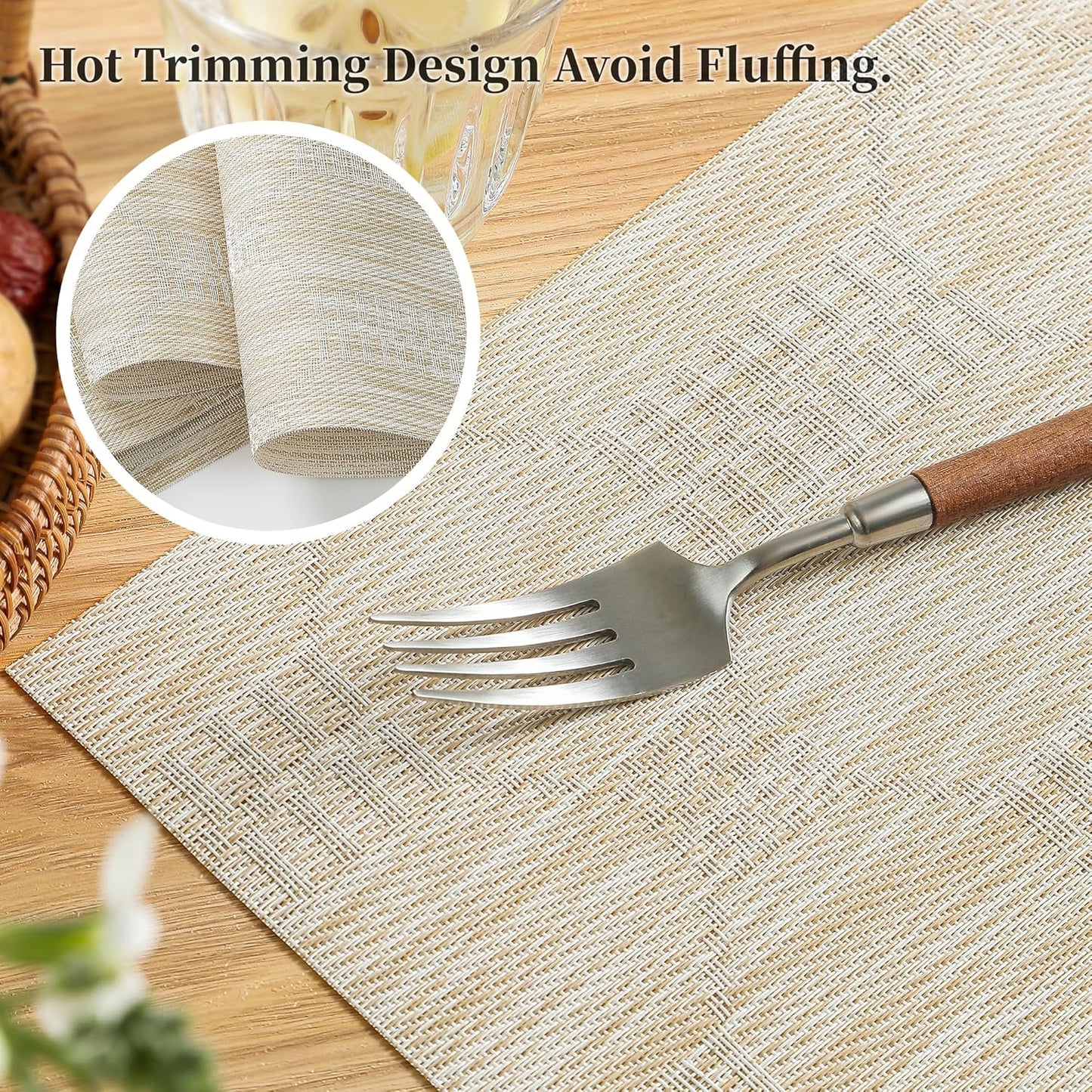 Leetaltree Wheat Placemats Set of 12 - Heat Resistant Non-Slip Place mats for Dining Table, Washable Durable PVC Vinyl Woven Table Mats（Wheat, 12）