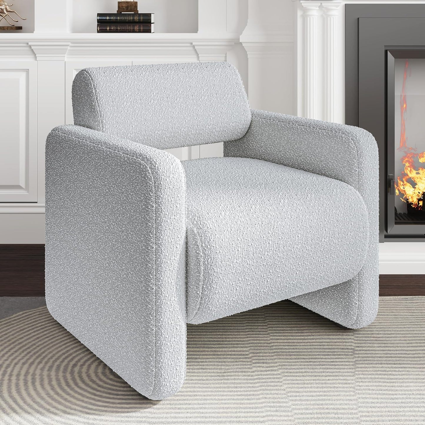 Accent Chair, Modern Boucle Fabric Armed Chair, Comfortable Single Sofa Chair for Living Room, Solid Wood Frame, Comfy Side Chair for Bedroom, Office, Reading(Grey)