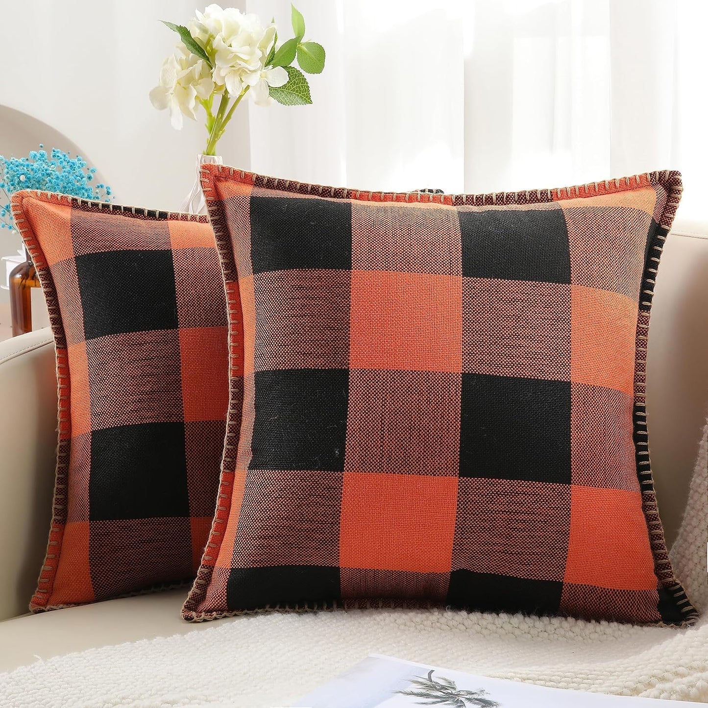 decorUhome Fall Orange and Black Decorative Throw Pillow Covers 18x18 Set of 2, Buffalo Plaid Check Farmhouse Cushion Covers with Stitched Edge for Autumn Harvest Couch Sofa Bed Home Decor
