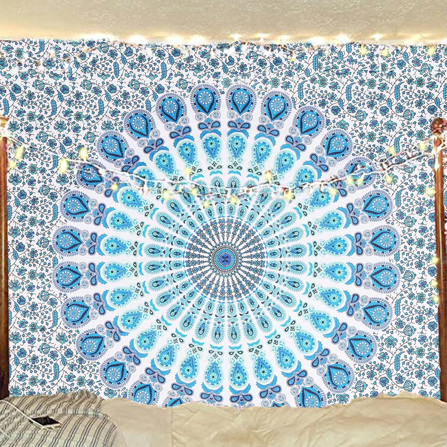 Bless International Handmade Indian hippie Bohemian Psychedelic Peacock Mandala Wall hanging College Dorm Beach Throws Table Cloth Bedding Tapestry (Peacock Sky Blue, Twin(54x72Inches)(140x185cms))
