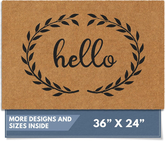 Barnyard Designs Natural Coco Coir Heavy Duty Backing Doormat - Large Cute Non-Slip Front Door Welcome Mat for Outside Entrance or Porch Entry, Brown (24x36, Hello)