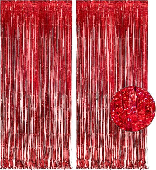 GREATRIL Red Fringe Curtains Party Streamers Backdrop Foil Tinsel Curtain Decoration for Stranger Theme Party Christmas Valentines Day Party 2 Pack