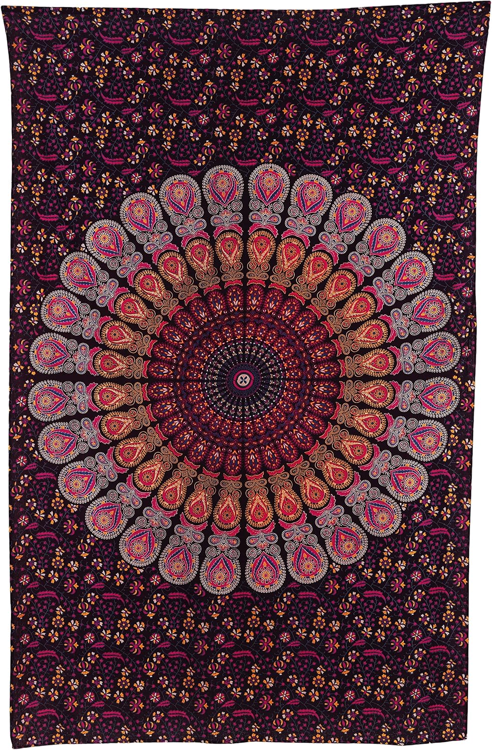 Bless International Handmade Indian hippie Bohemian Psychedelic Peacock Mandala Wall hanging College Dorm Beach Throws Table Cloth Bedding Tapestry (Golden Pink Blue, Twin(54x72Inches)(140x185cms))