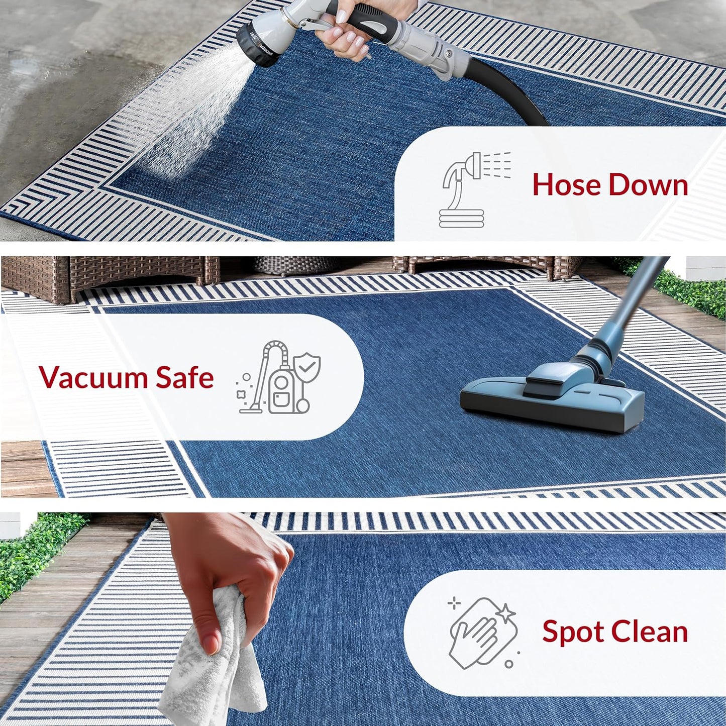 nuLOOM 2' x 8' Outdoor Area Rug, Casual Design With Striped Border, Stain Resistant, Highly Durable, For Patio, Balcony, Bedroom, Living Room, Dining Room, Bathroom, Navy