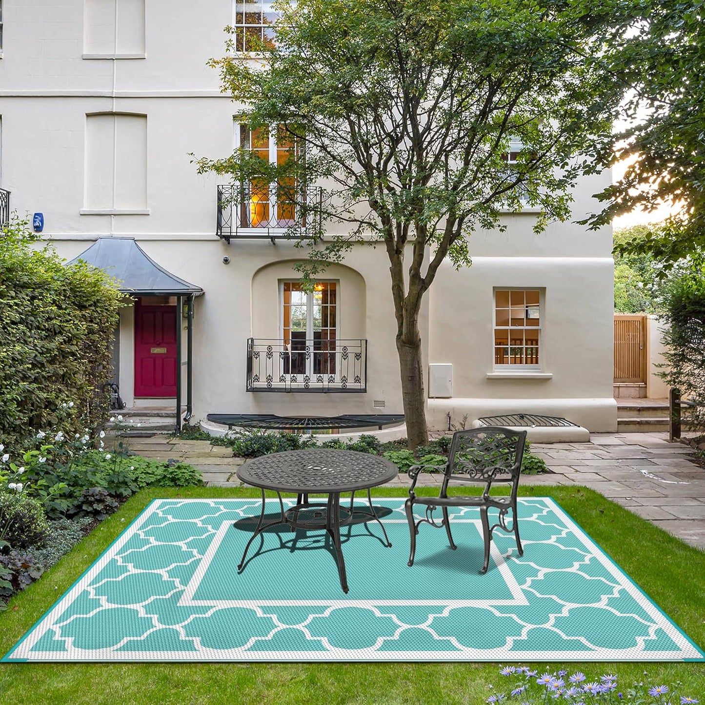 GENIMO 6' x 9' Outdoor Rug Waterproof for Patio Decor, Reversible Plastic Straw Area Mats Carpet for Camper Clearance, Outside Carpet for Rv, Deck, Porch, Beach, Balcony, Aqua Blue & White