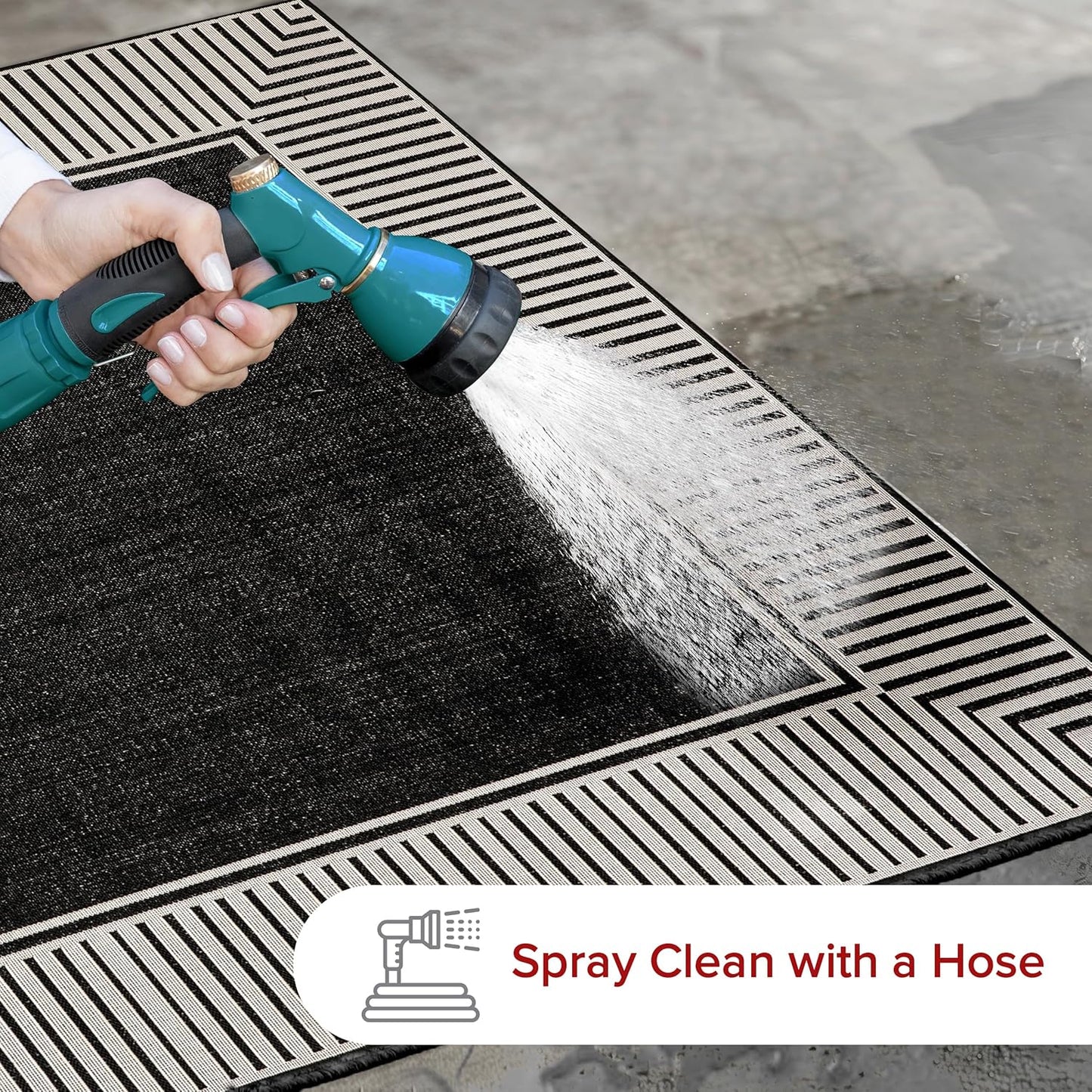 nuLOOM 5' x 8' Outdoor Area Rug, Casual Design With Striped Border, Stain Resistant, Highly Durable, For Patio, Balcony, Bedroom, Living Room, Dining Room, Bathroom, Black