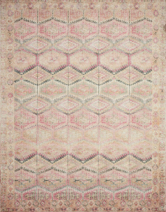 Loloi Layla Collection LAY-17 Pink/Lagoon 7'-6" x 9'-6" .13" Thick Area Rug, Soft, Durable, Vintage Inspired, Distressed, Low Pile, Non-Shedding, Easy Clean, Printed, Living Room Rug