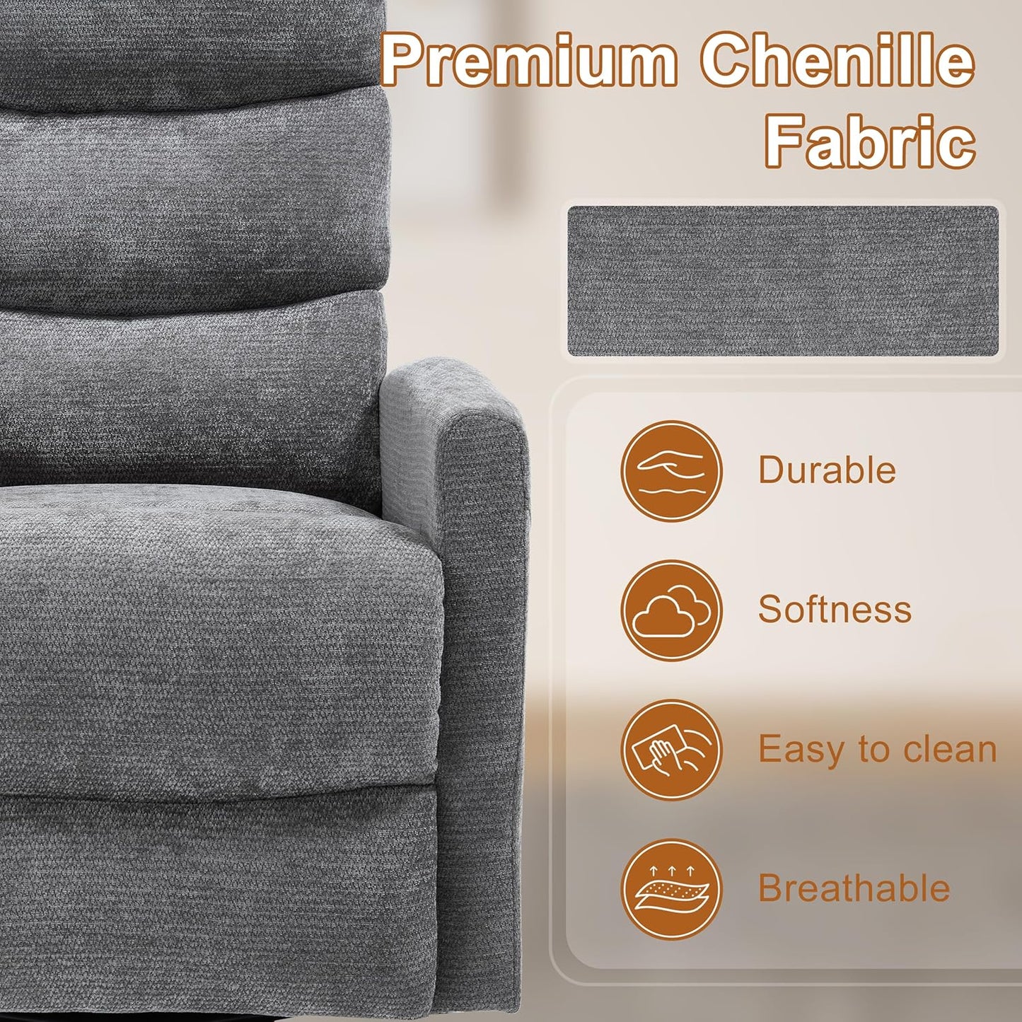 Manual Swivel Rocker Recliner Chair for Adults, Overstuffed Reclining Glider Chair for Nursing with Vibration Massage & Heat, Living Room Rocking Recliner 3-Stage backrest, Chenille Fabric Dark Gray