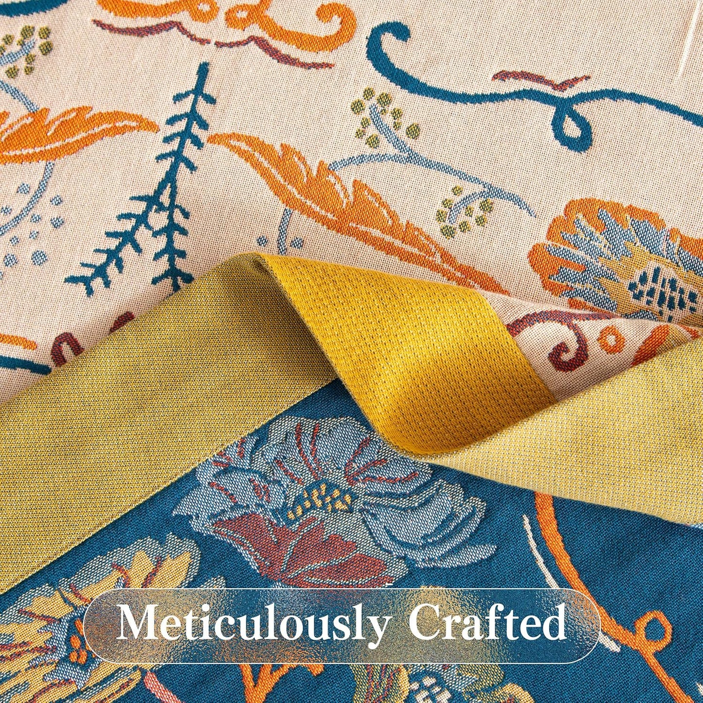 Boho Throw Blanket Twin Size, Soft Cozy Cotton Muslin Quilt Blanket for Bed Decor, Floral Patterned Couch Sofa Chair Cover, Vintage Farmhouse Cottage Tapestry Woven Blanket, Yellow&Blue