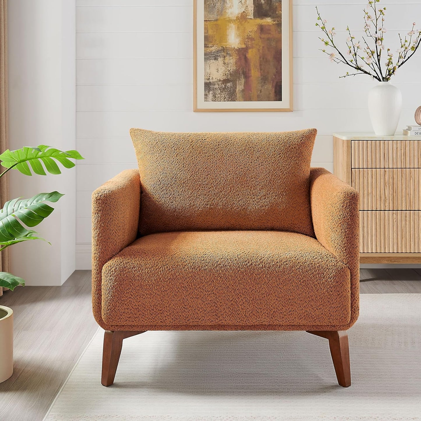 Oversized Accent Chair Modern Boucle Armchair for Living Room- 37" Wide Accent Chair with Solid Wood Legs, Curry Upholstered Lounge Chair for Bedroom & Office, Cozy Reading Chair (Easy Assembly)