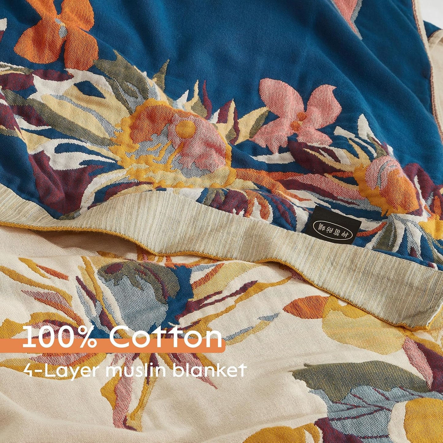 Boho Throw Blanket for Bed 60”x80”, 100% Cotton Woven Blanket for Couch Sofa, Ultra Soft 4-Layer Muslin Quilt with Floral Printed, Farmhouse Bed Blanket/Cover for Living Room Decor