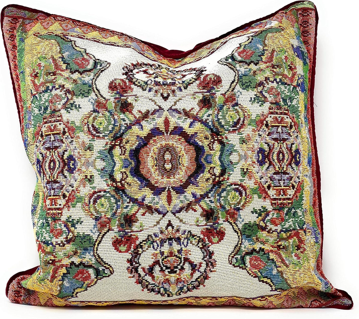 Tache Cushion Cover 18x18 Rococo Elegant Ornate Ivory Colorful Paisley Cotton Linen Tapestry Woven Decorative Throw Pillow Cover, 1 Piece