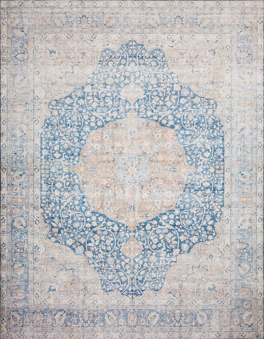 Loloi Layla Collection LAY-07 Blue/Tangerine 2'-0" x 5'-0" .13" Thick Accent Rug, Soft, Durable, Vintage Inspired, Distressed, Low Pile, Non-Shedding, Easy Clean, Printed, Living Room Rug