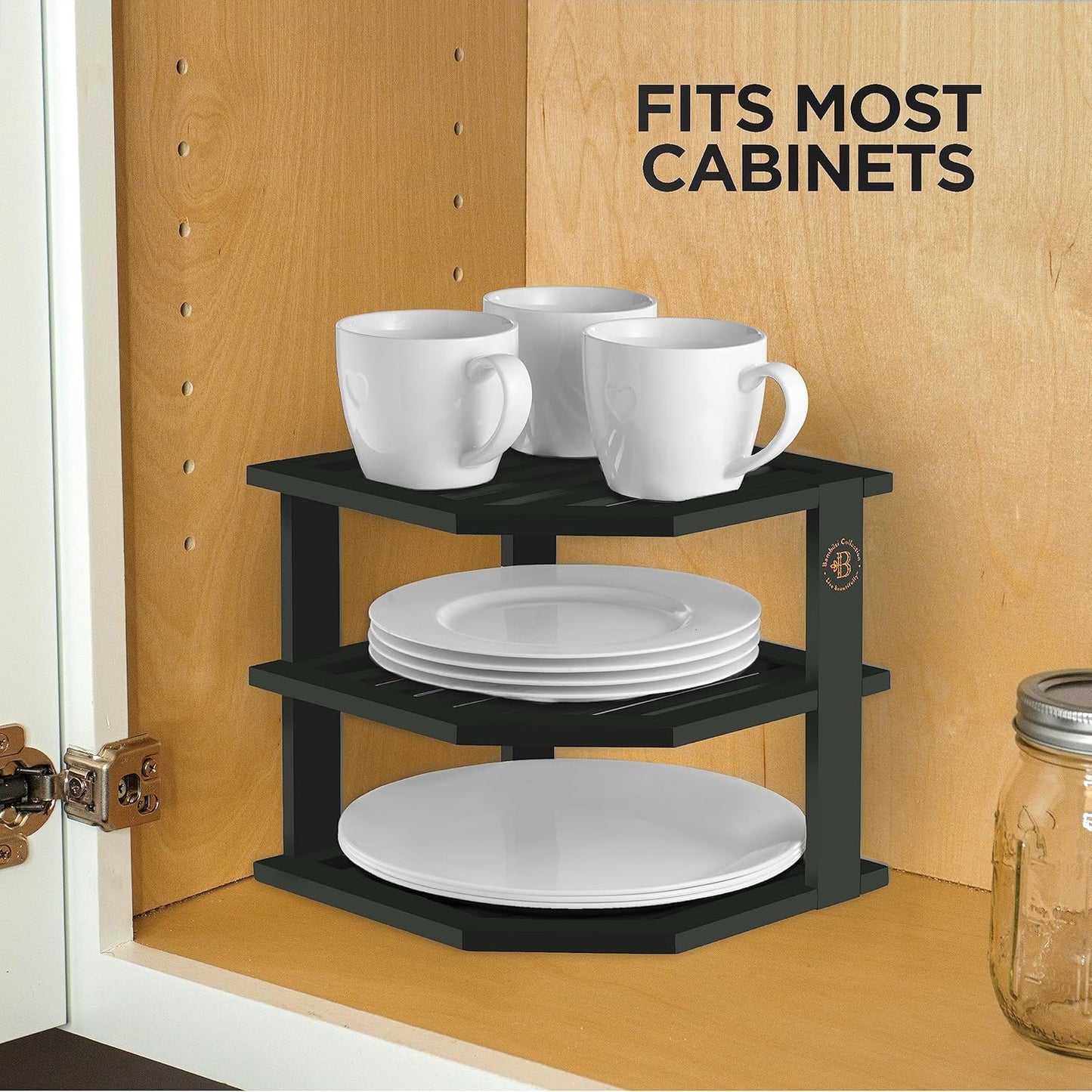 Cabinet Organizer Shelf - Bamboo Corner Rack for Kitchen Counter, Cabinet Space Saver for Plates, Dishes, Bowls, Bread Pantry, Bathroom Storage or Countertop Stand, Black