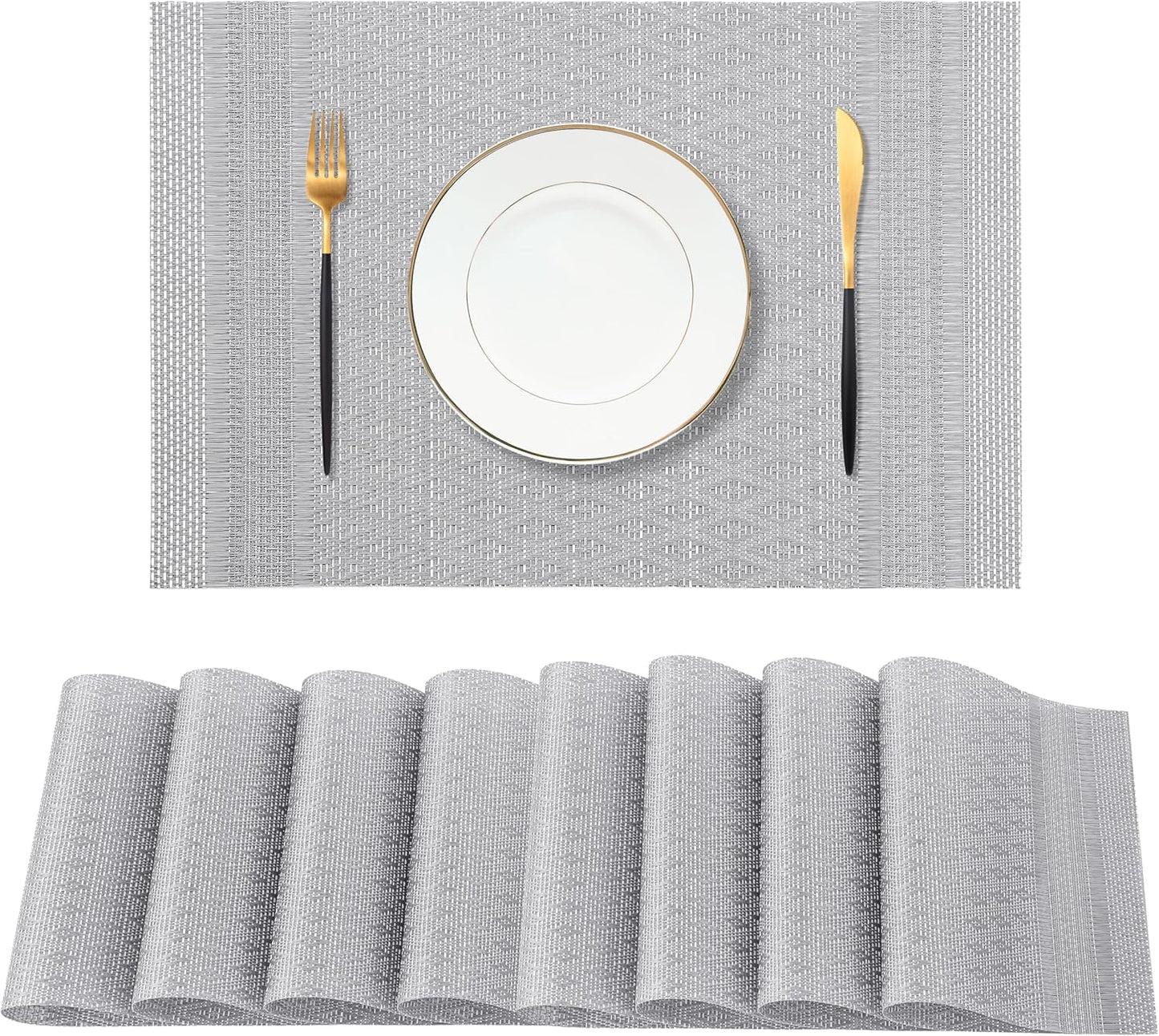 Leetaltree Lunar Grey Placemats Set of 8 - Heat Resistant Non-Slip Place mats for Dining Table, Washable Durable PVC Vinyl Woven Table Mats（Lunar Grey, 8）