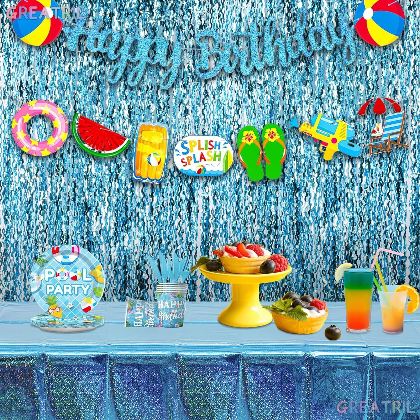 Wavy Blue Streamers Party Backdrop - GREATRIL Fringe Curtain for Pool Party/Birthdays/VBS/Beach/Under Sea - 3.2ft X 6.5ft - 2 Packs