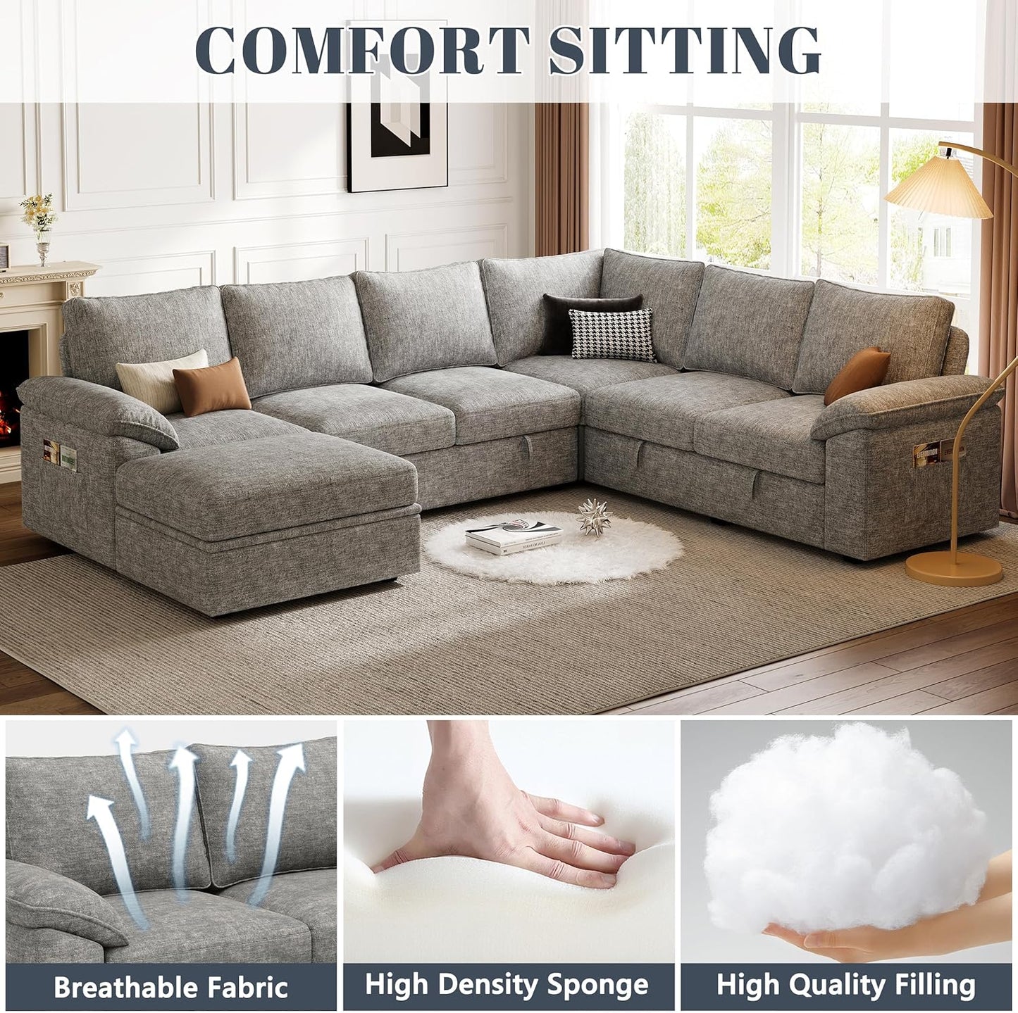 108 Inch Modular Sectional Sofa with Pull Out Bed,U Shaped 7 Seat Sectional Sleeper Sofa with Storage,Sectional Couches for Living Room,Cloud Modular Couch,Removable Sofa Cover,Light Gray