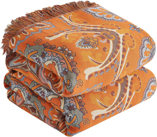 Boho Throw Blanket for Bed 80”x90”, 100% Cotton Woven Blanket for Couch Sofa, Ultra Soft 4-Layer Muslin Quilt with Vintage Floral Printed, Farmhouse Bed Blanket/Cover for Living Room Decor