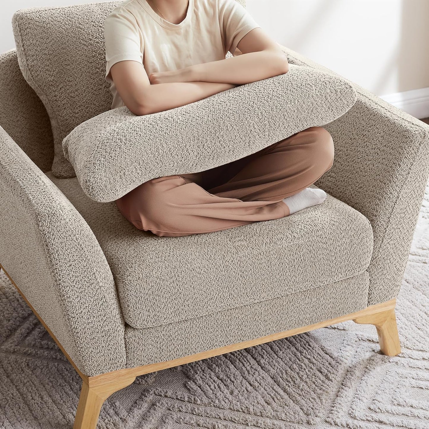 Large-Sized Accent Chair, Thick Cushion Bedroom Reading Chair, Comfortable Living Room Single Sofa， Boucle Camel