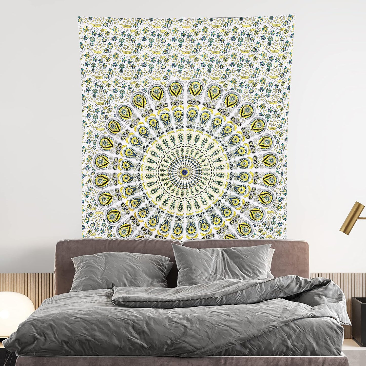 Bless International Handmade Indian hippie Bohemian Psychedelic Peacock Mandala Wall hanging College Dorm Beach Throws Table Cloth Bedding Tapestry (Yellow Green, Twin(54x72Inches)(140x185cms))