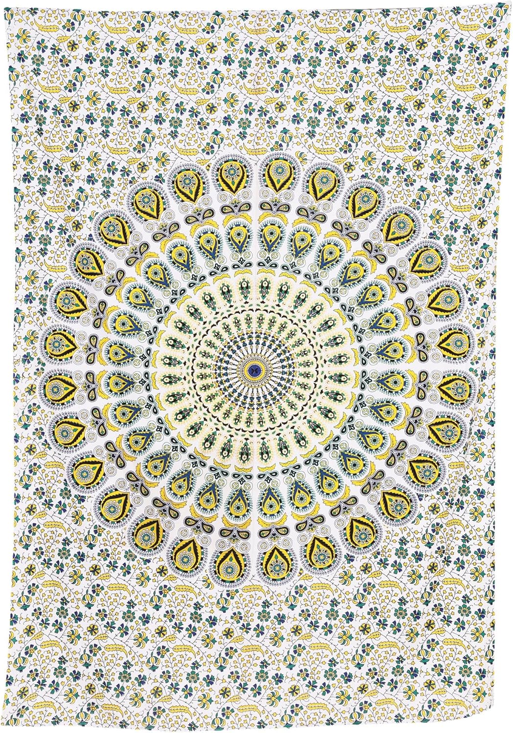 Bless International Handmade Indian hippie Bohemian Psychedelic Peacock Mandala Wall hanging College Dorm Beach Throws Table Cloth Bedding Tapestry (Yellow Green, Twin(54x72Inches)(140x185cms))