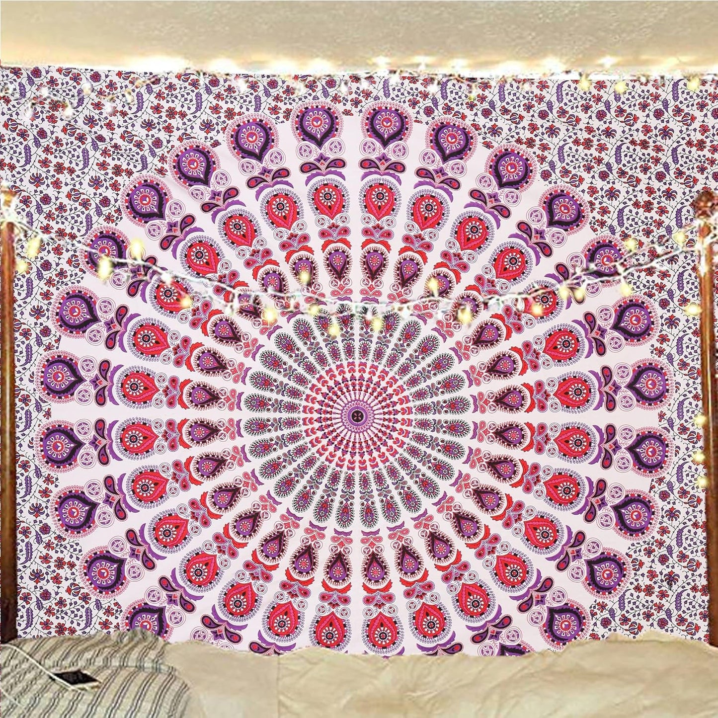 Bless International Handmade Indian hippie Bohemian Psychedelic Peacock Mandala Wall hanging College Dorm Beach Throws Table Cloth Bedding Tapestry (Pink Blue, Queen(84x90Inches)(215x230Cms))