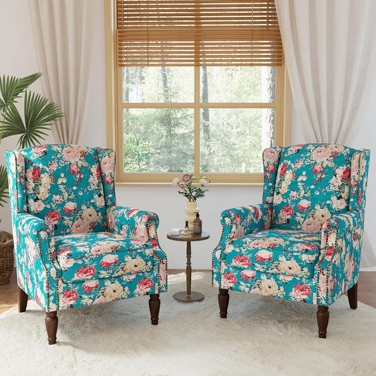 Lumibee High Back Accent Chair Set of 2, Armchair in Fabric,Comfy Upholstered Wingback Single Sofa Reading Chairs with Solid Wood Legs for Living Room,Bedroom,Office-Peacock Blue