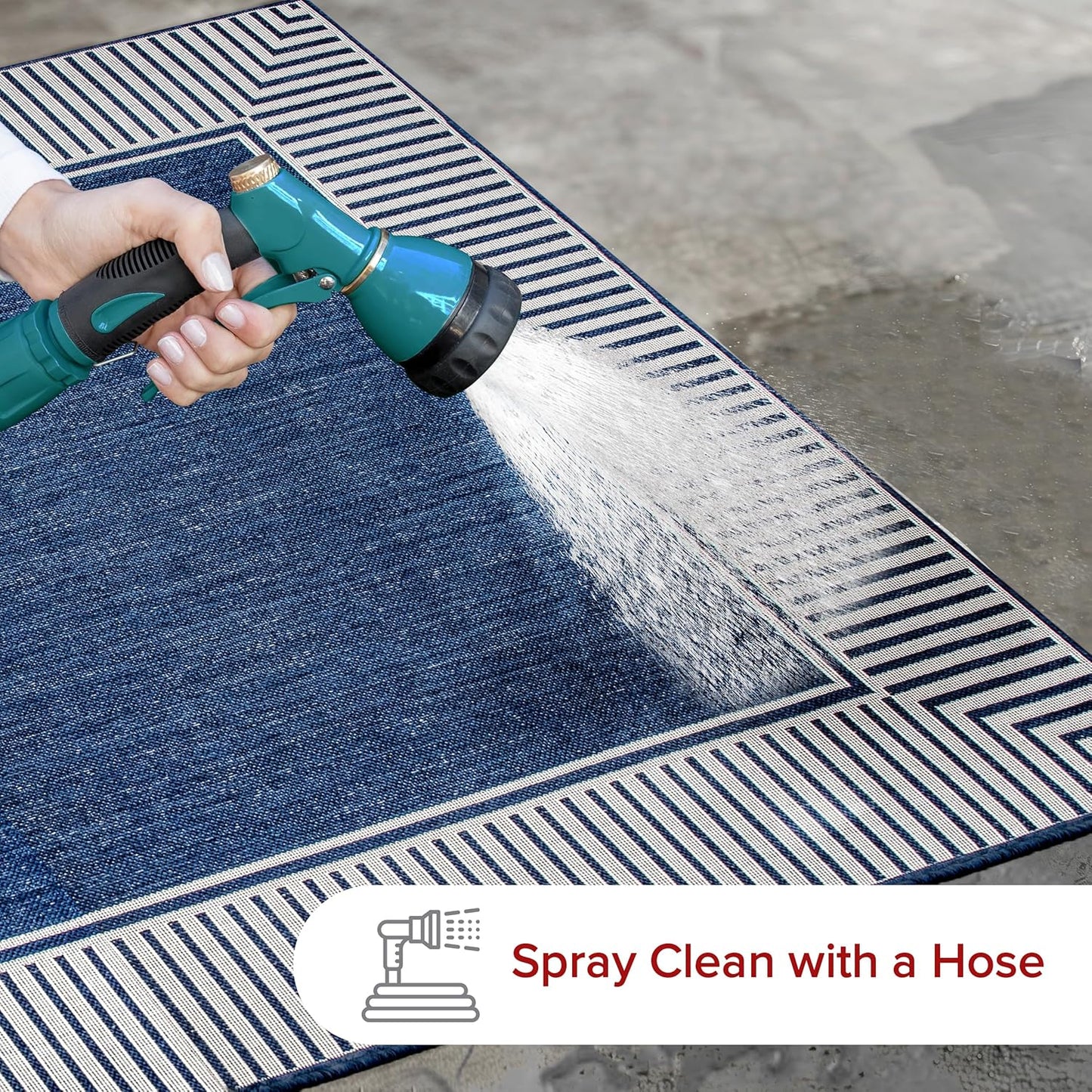 nuLOOM 2' x 8' Outdoor Area Rug, Casual Design With Striped Border, Stain Resistant, Highly Durable, For Patio, Balcony, Bedroom, Living Room, Dining Room, Bathroom, Navy