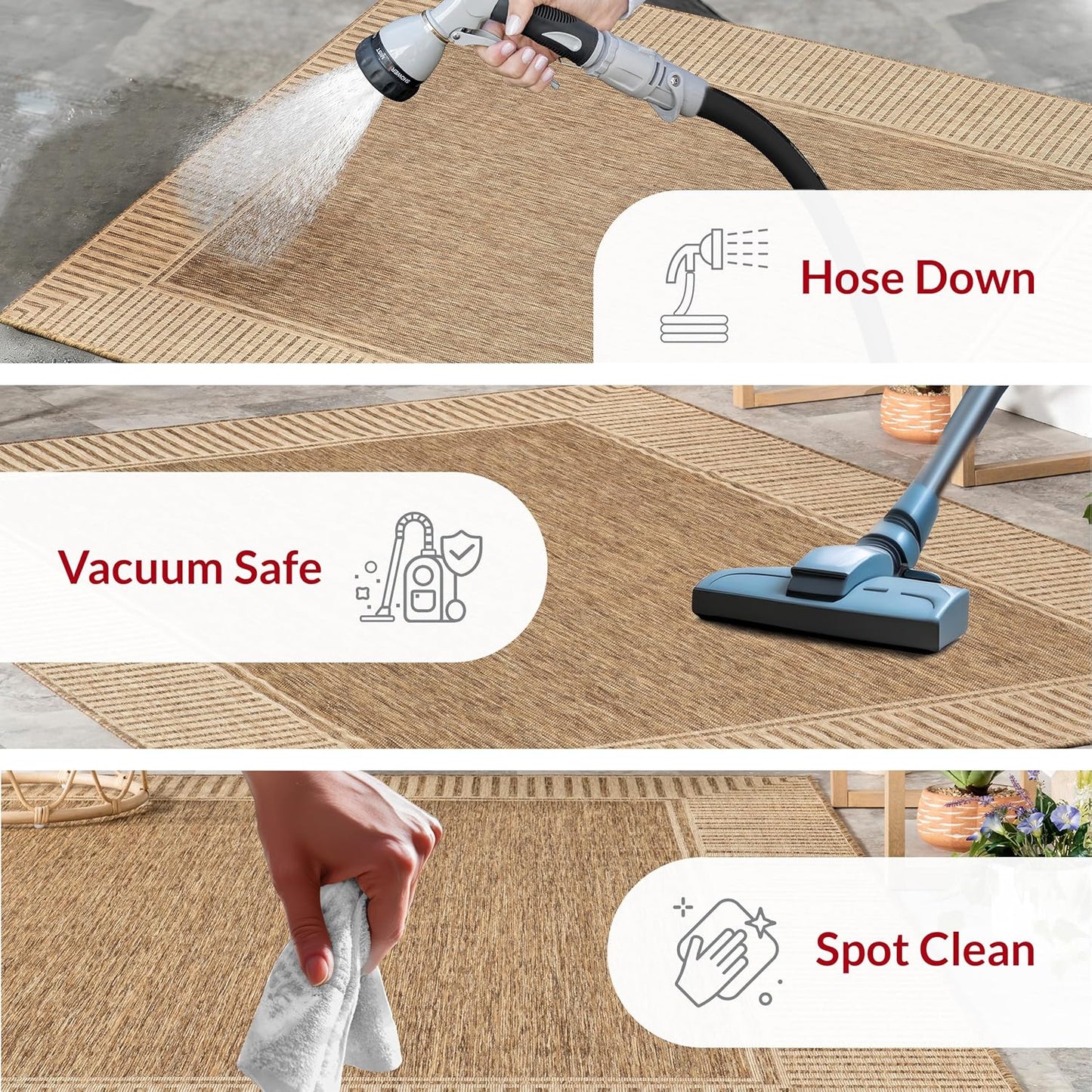 nuLOOM 6' 7" x 9' Outdoor Area Rug, Casual Design With Striped Border, Stain Resistant, Highly Durable, For Patio, Balcony, Bedroom, Living Room, Dining Room, Bathroom, Light Brown