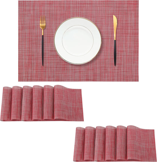 Leetaltree Red Placemats Set of 12 - Heat Resistant Non-Slip Place mats for Dining Table, Washable Durable PVC Vinyl Woven Table Mats（Red, 12）