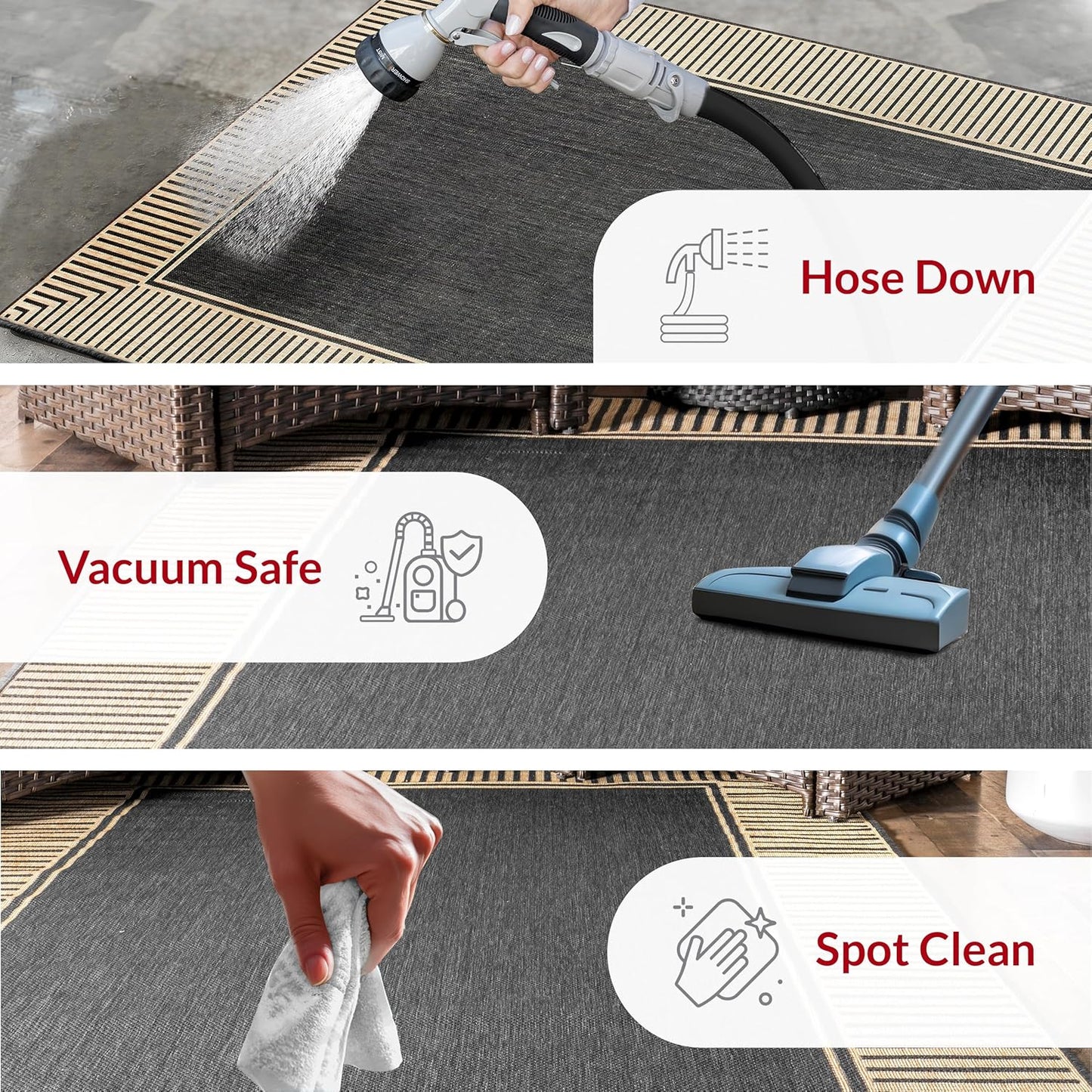 nuLOOM 2' x 8' Outdoor Area Rug, Casual Design With Striped Border, Stain Resistant, Highly Durable, For Patio, Balcony, Bedroom, Living Room, Dining Room, Bathroom, Dark Grey