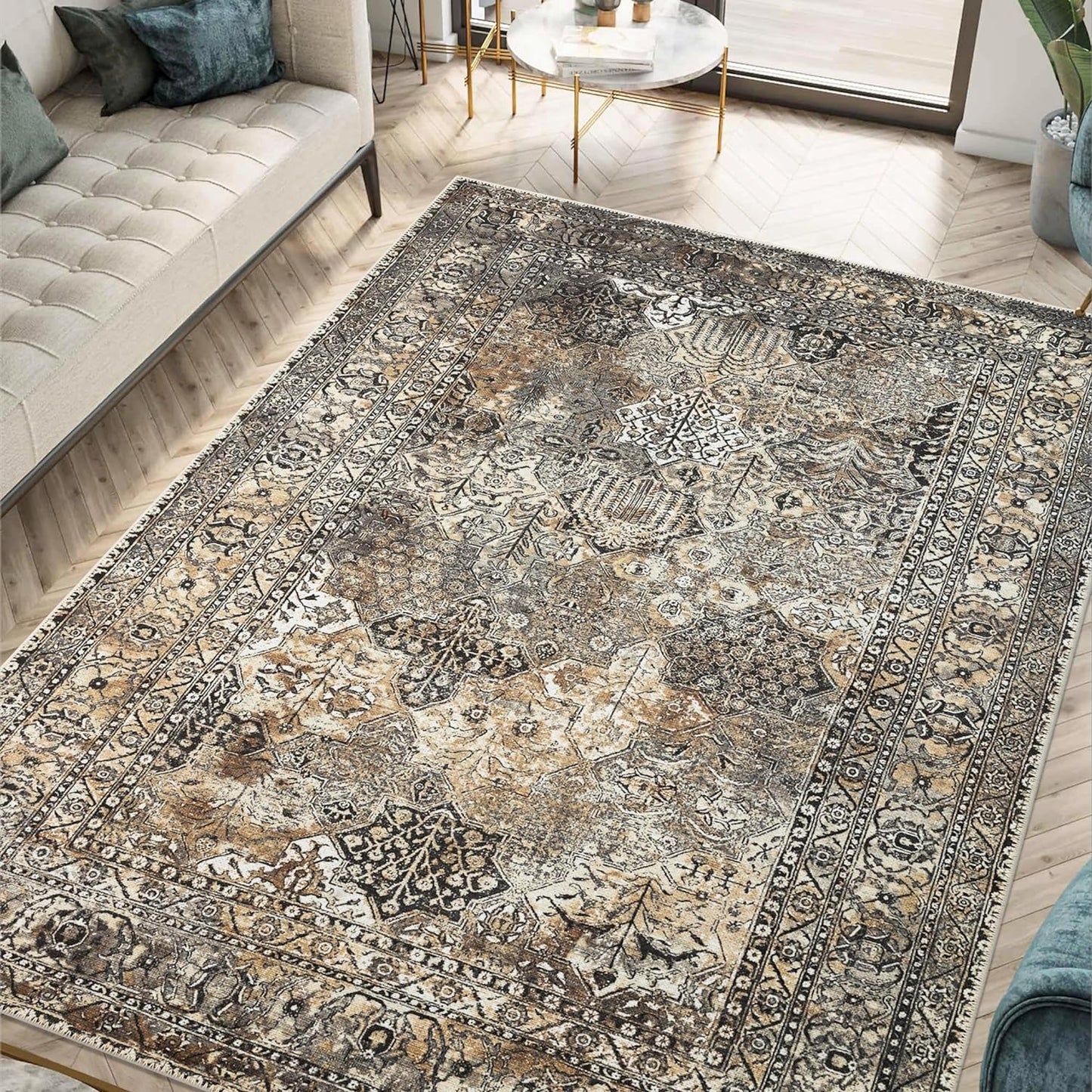 Keen Home Design 10x14 Rug - Machine Washable Area Rug with Non-Slip Backing, Ideal for Living Room, Dining Room, Bedroom - Vintage, Easy Clean, Durable, Low Pile Rug - (9'7" x 14')