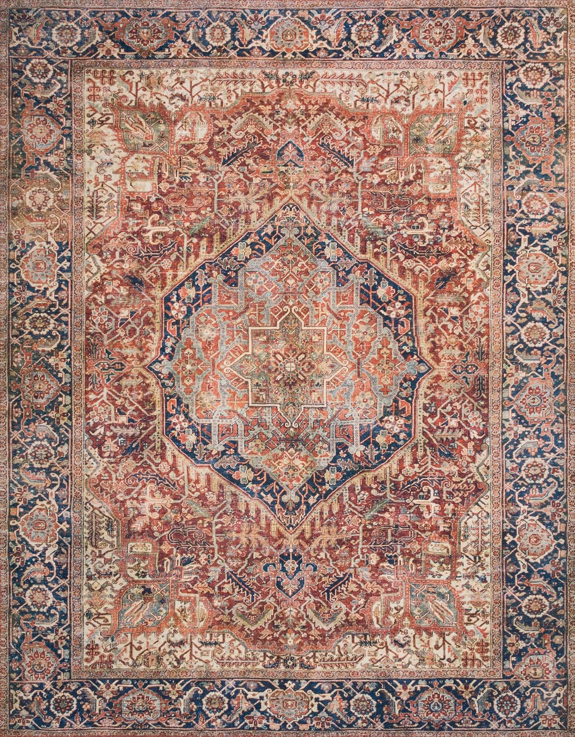 Loloi Layla Collection LAY-08 Red/Navy 7'-6" x 9'-6" .13" Thick Area Rug, Soft, Durable, Vintage Inspired, Distressed, Low Pile, Non-Shedding, Easy Clean, Printed, Living Room Rug
