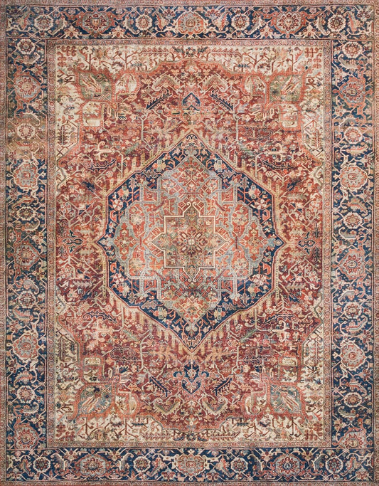 Loloi Layla Collection LAY-08 Red/Navy 7'-6" x 9'-6" .13" Thick Area Rug, Soft, Durable, Vintage Inspired, Distressed, Low Pile, Non-Shedding, Easy Clean, Printed, Living Room Rug