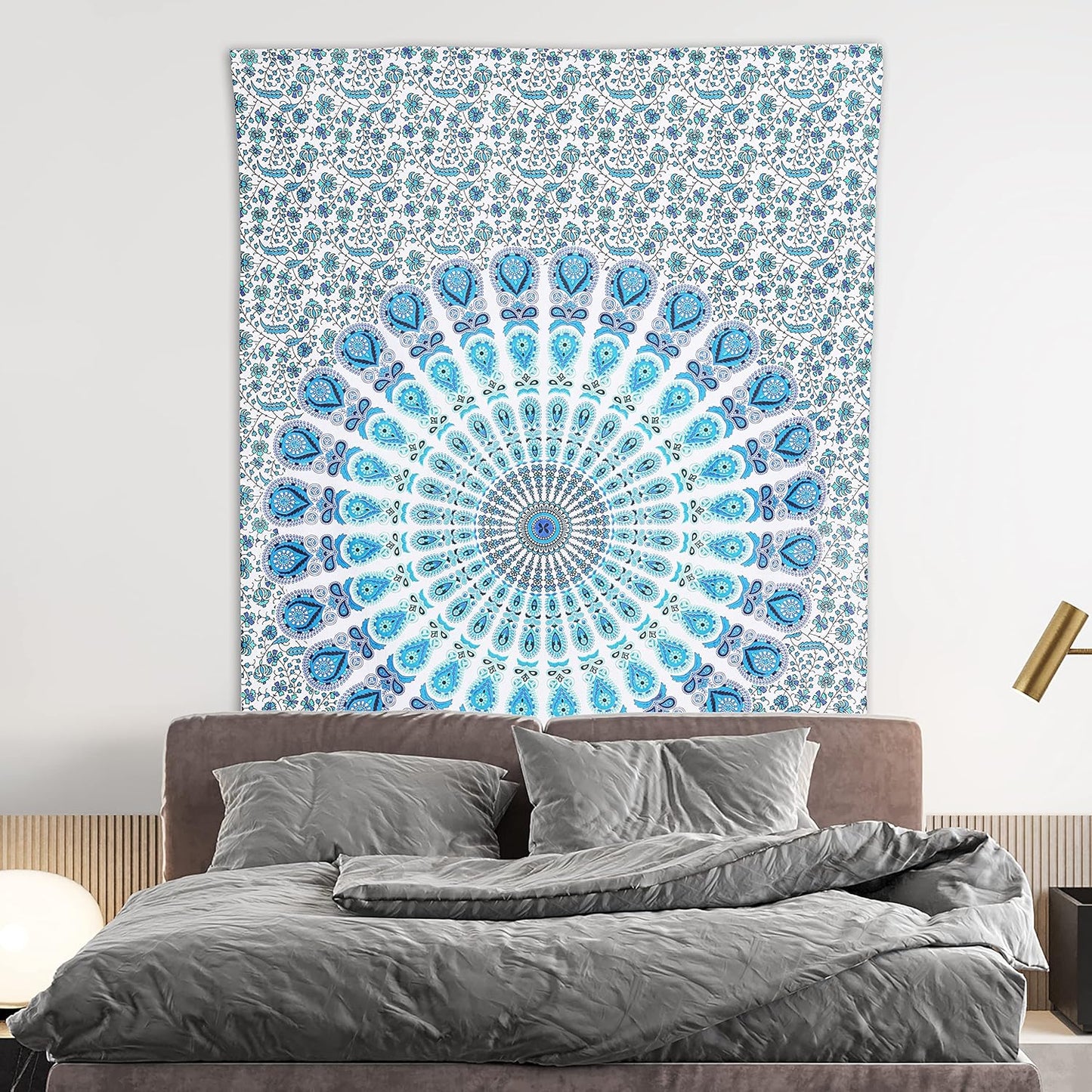 Bless International Handmade Indian hippie Bohemian Psychedelic Peacock Mandala Wall hanging College Dorm Beach Throws Table Cloth Bedding Tapestry (Peacock Sky Blue, Poster(30x40Inches)(76x101cms))