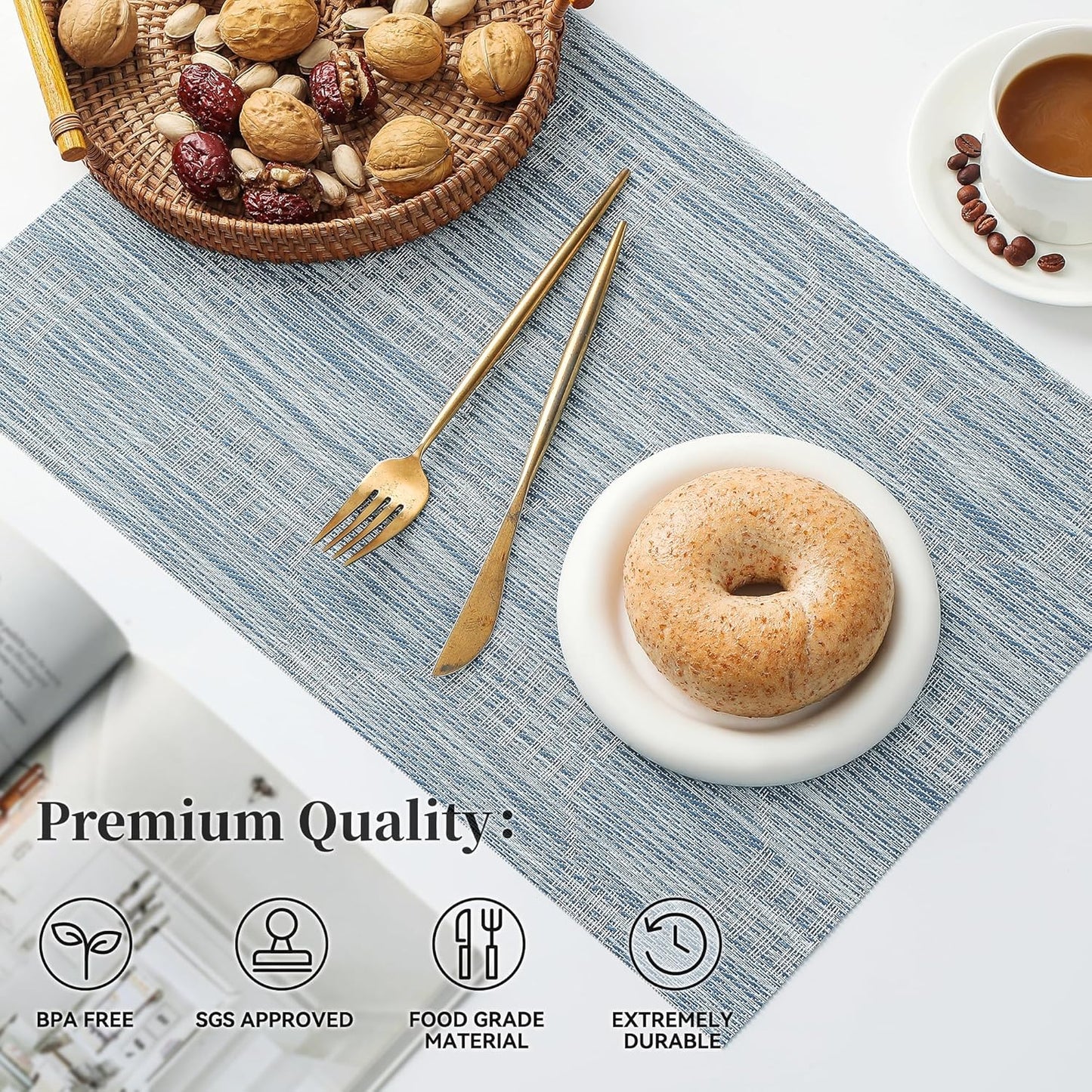 Leetaltree Jacquard Blue Placemats Set of 12 - Heat Resistant Non-Slip Place mats for Dining Table, Washable Durable PVC Vinyl Woven Table Mats（Jacquard Blue, 12）