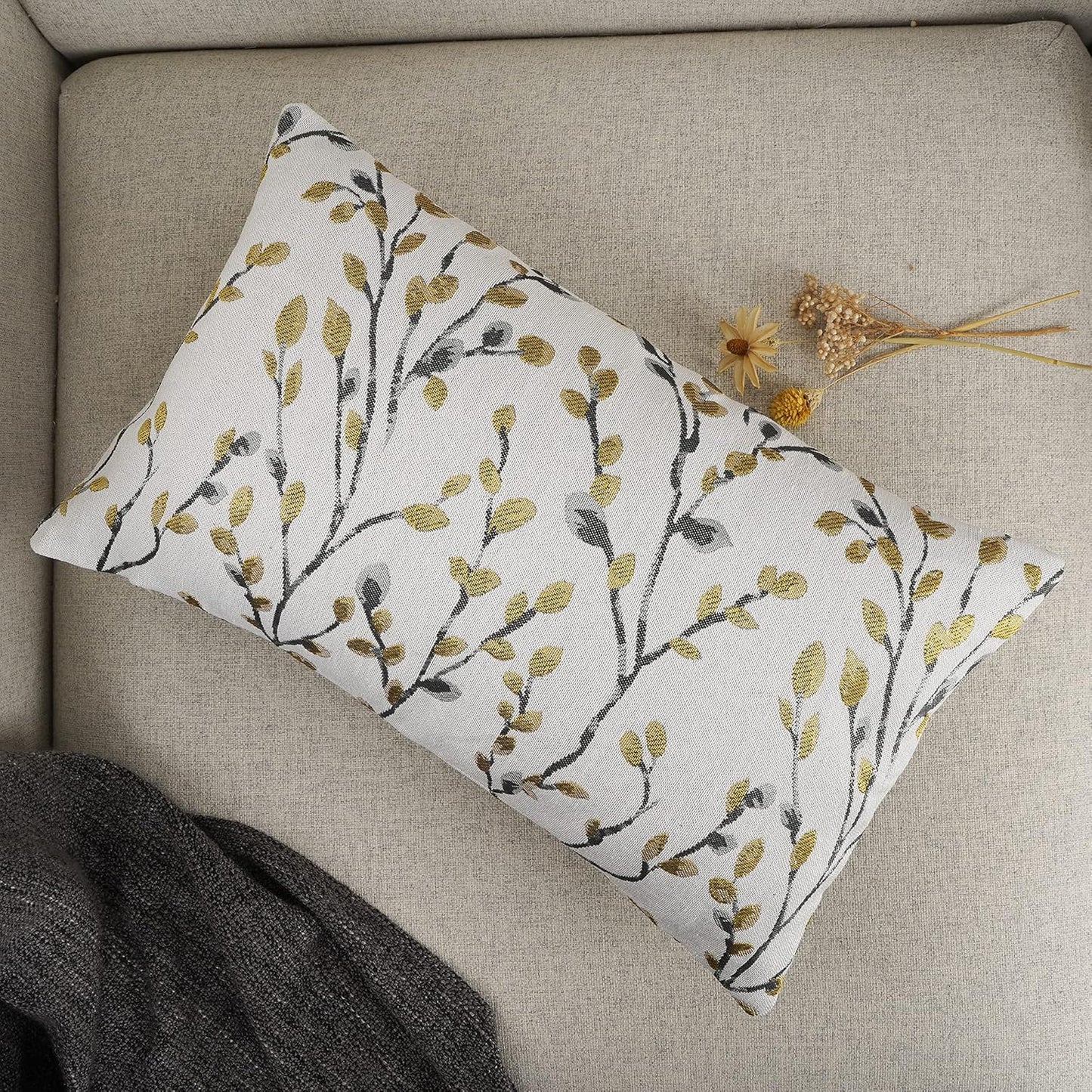 YOUR SMILE Classical Embroidery Jacquard Yellow/Gold Square Decorative Throw Pillow Case Cushion Cover,12x20 inch