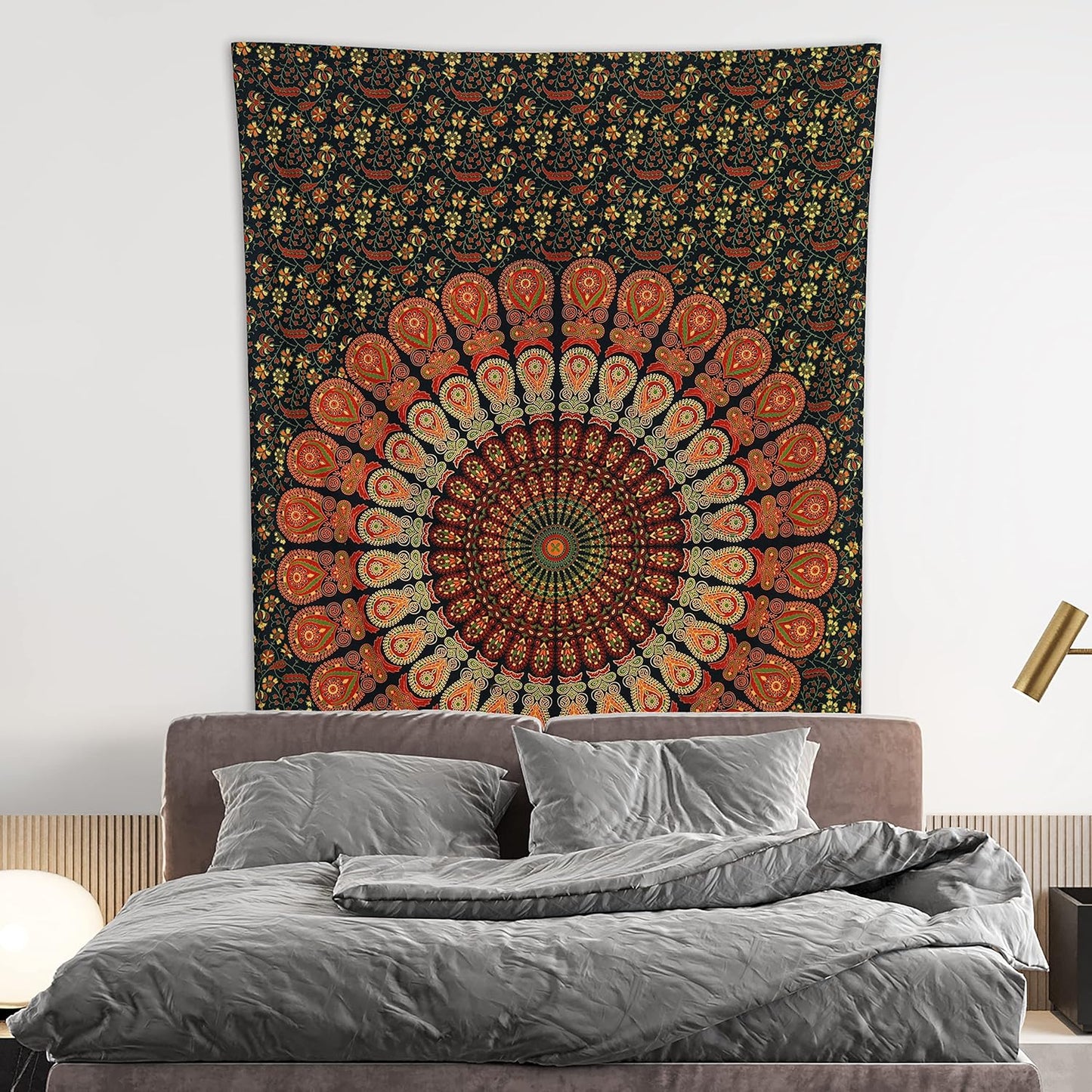Bless International Handmade Indian hippie Bohemian Psychedelic Peacock Mandala Wall hanging College Dorm Beach Throws Table Cloth Bedding Tapestry (Golden Green, Twin(54x72Inches)(140x185cms))