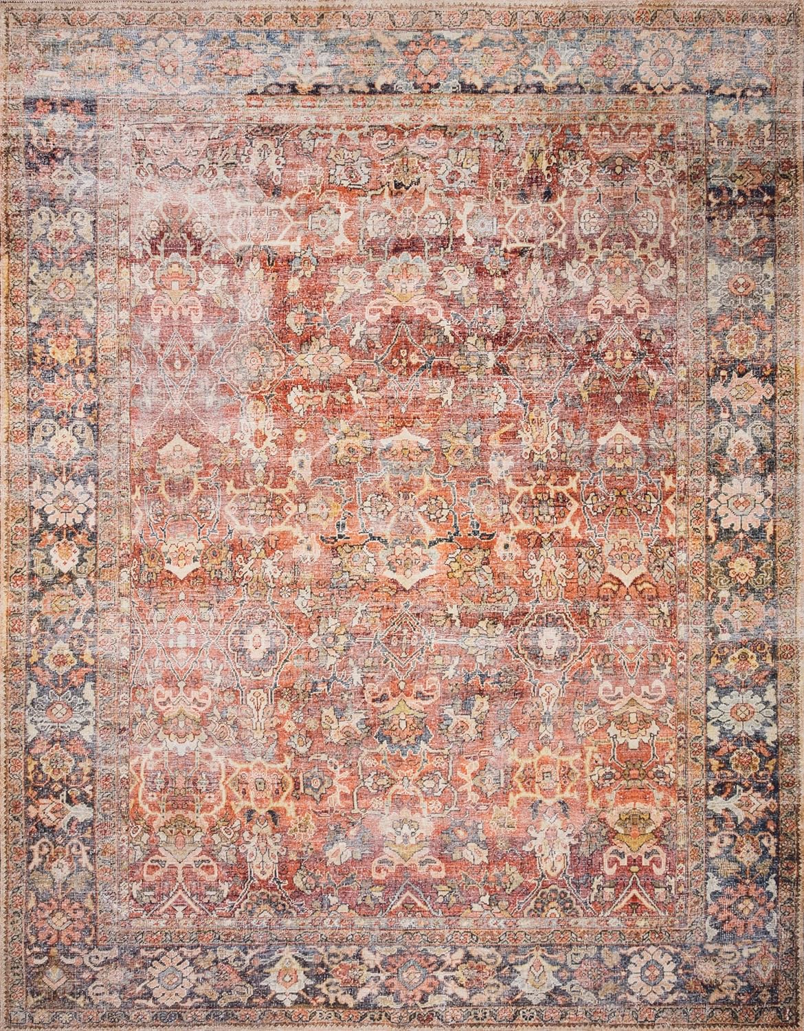 Loloi Layla Collection LAY-02 Spice/Marine 9'-0" x 12'-0" .13" Thick Area Rug, Soft, Durable, Vintage Inspired, Distressed, Low Pile, Non-Shedding, Easy Clean, Printed, Living Room Rug